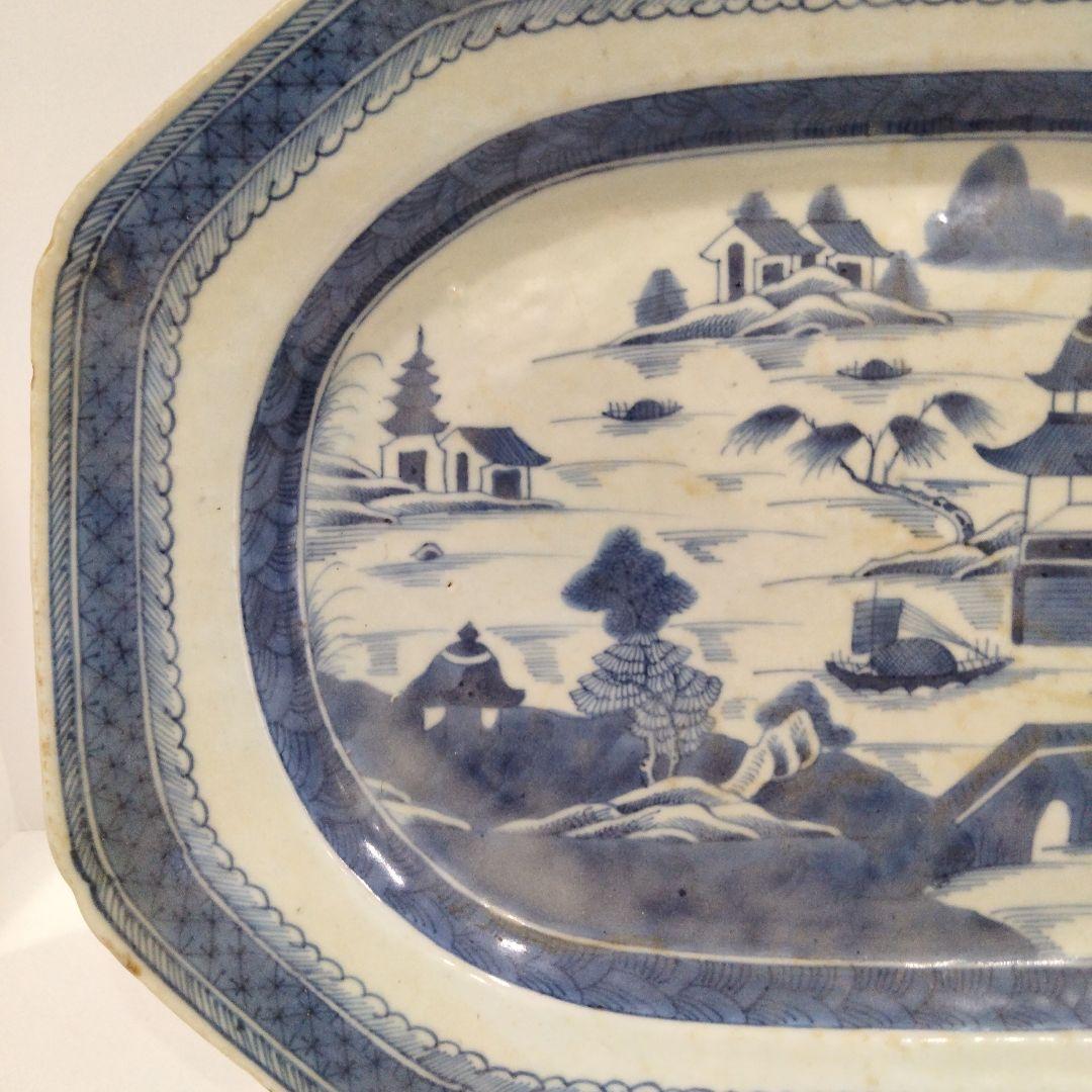 専用 m198 中国唐物 清朝古染付 新渡 南京山水風景図八角大皿