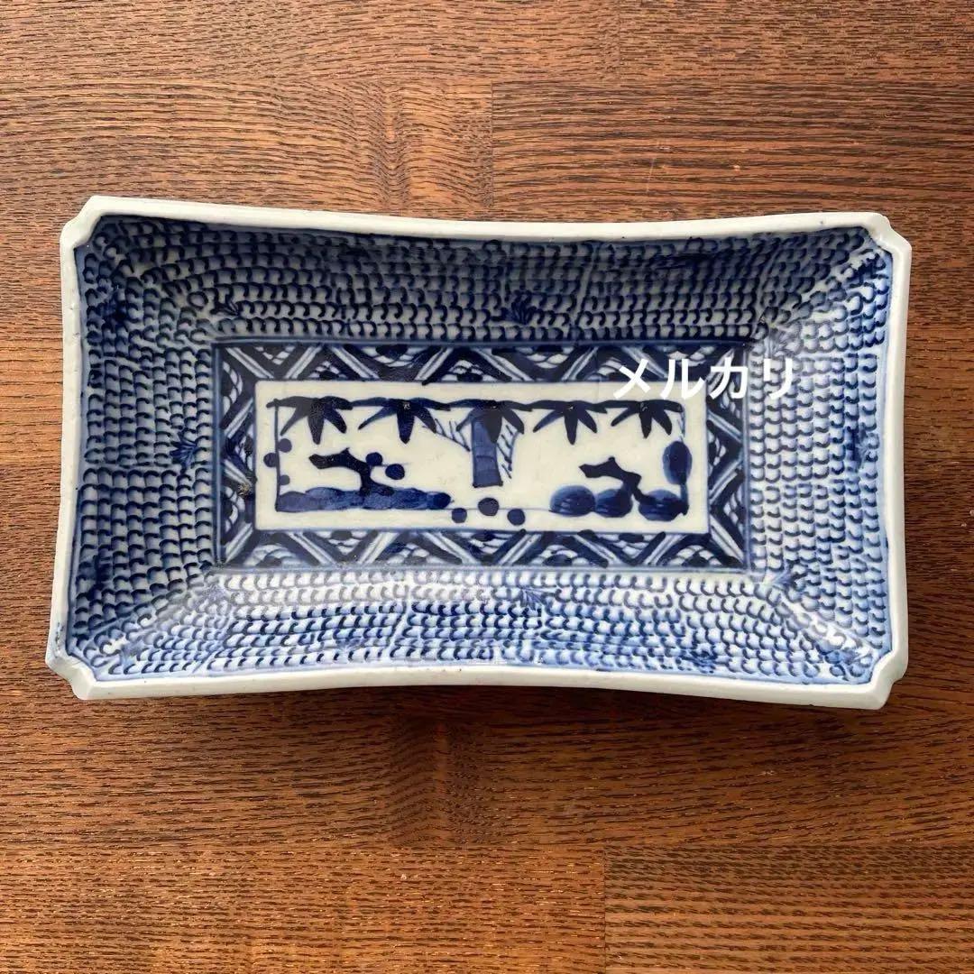 古伊万里染付　微塵唐草　松竹梅　五客揃　長皿5客　骨董アンティーク　隅入角皿