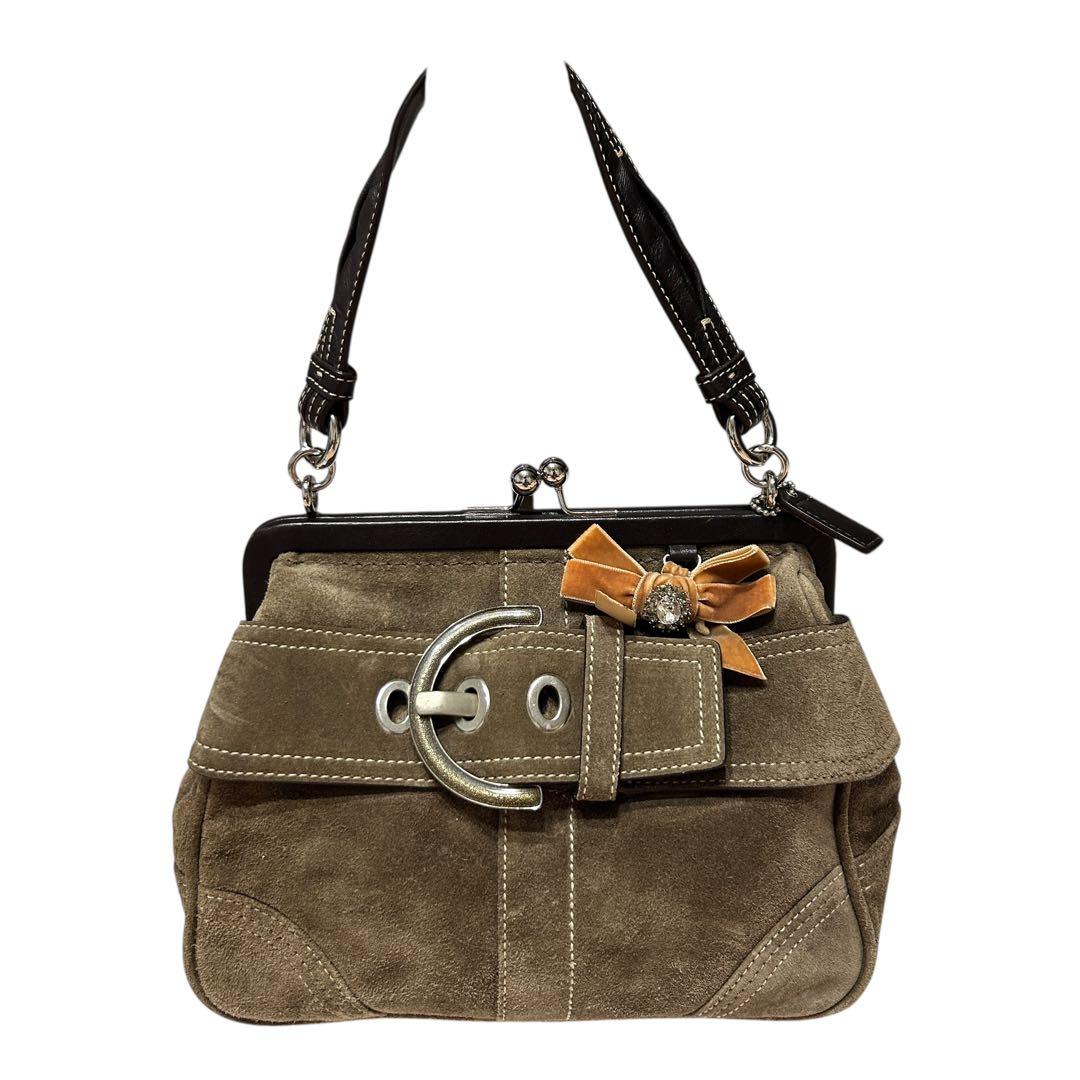 美品 コーチ がま口 ワンショルダー ソーホー ビジュー リボン スウェード 茶