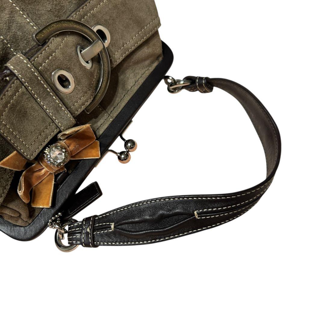 美品 コーチ がま口 ワンショルダー ソーホー ビジュー リボン スウェード 茶