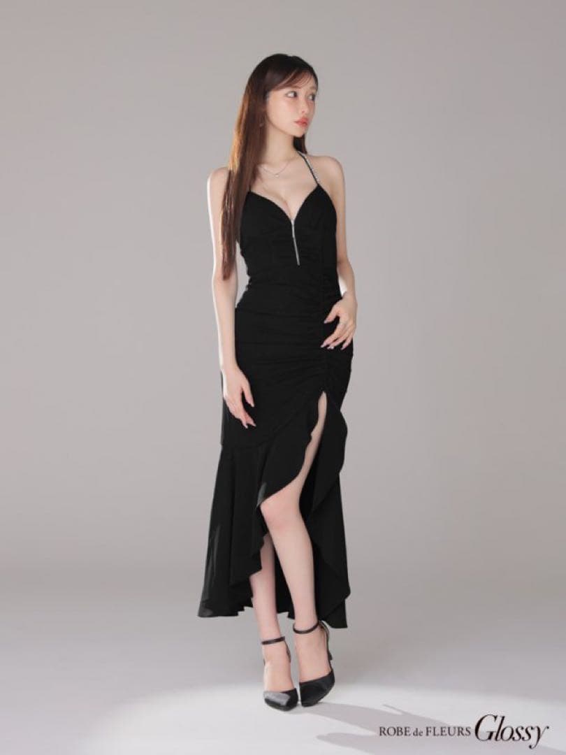 Glossy グロッシー ラメ スリット キャミ ロングドレス キャバドレス