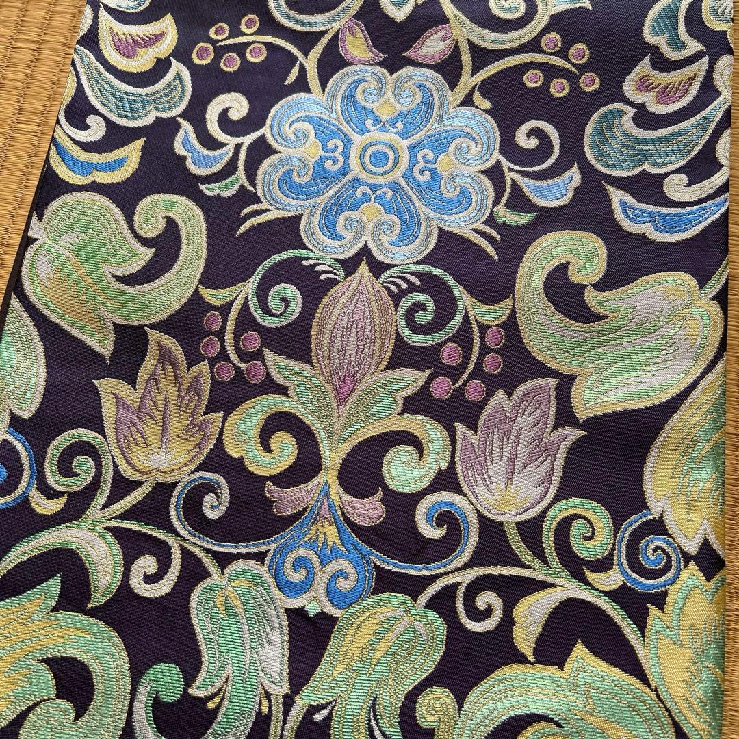 西陣織袋帯未仕立品（株）大光　 濃紫地大柄唐花蔓文　新品 芯入仕立代込み