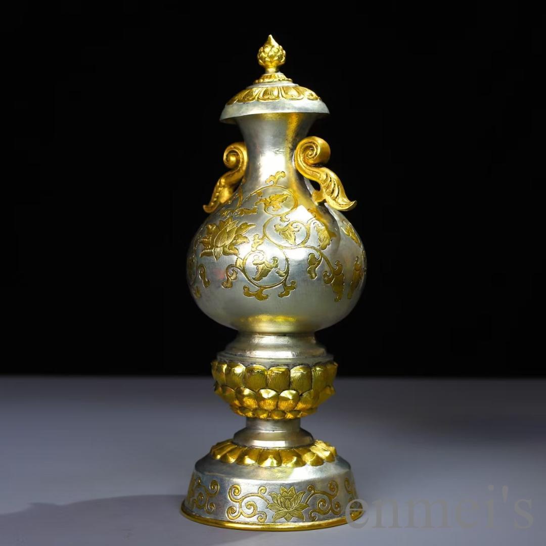 中国古美術 鍍金銅瓶 手彫り 鏨刻 描金 純銅製 花器 床の間飾り古賞物 古擺件