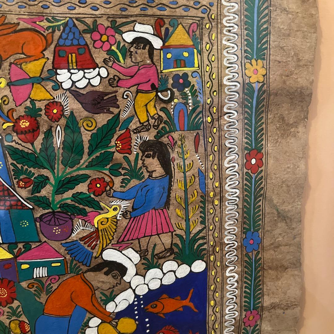 メキシコ 　アマテ(木の皮)絵  伝統アート　手描き 額縁　額装