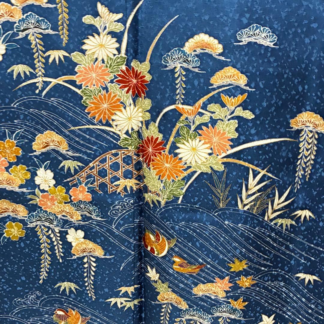 D74 訪問着 ブルー 一つ紋 花模様 正絹 着物 袷 しつけ糸付き未使用極美品