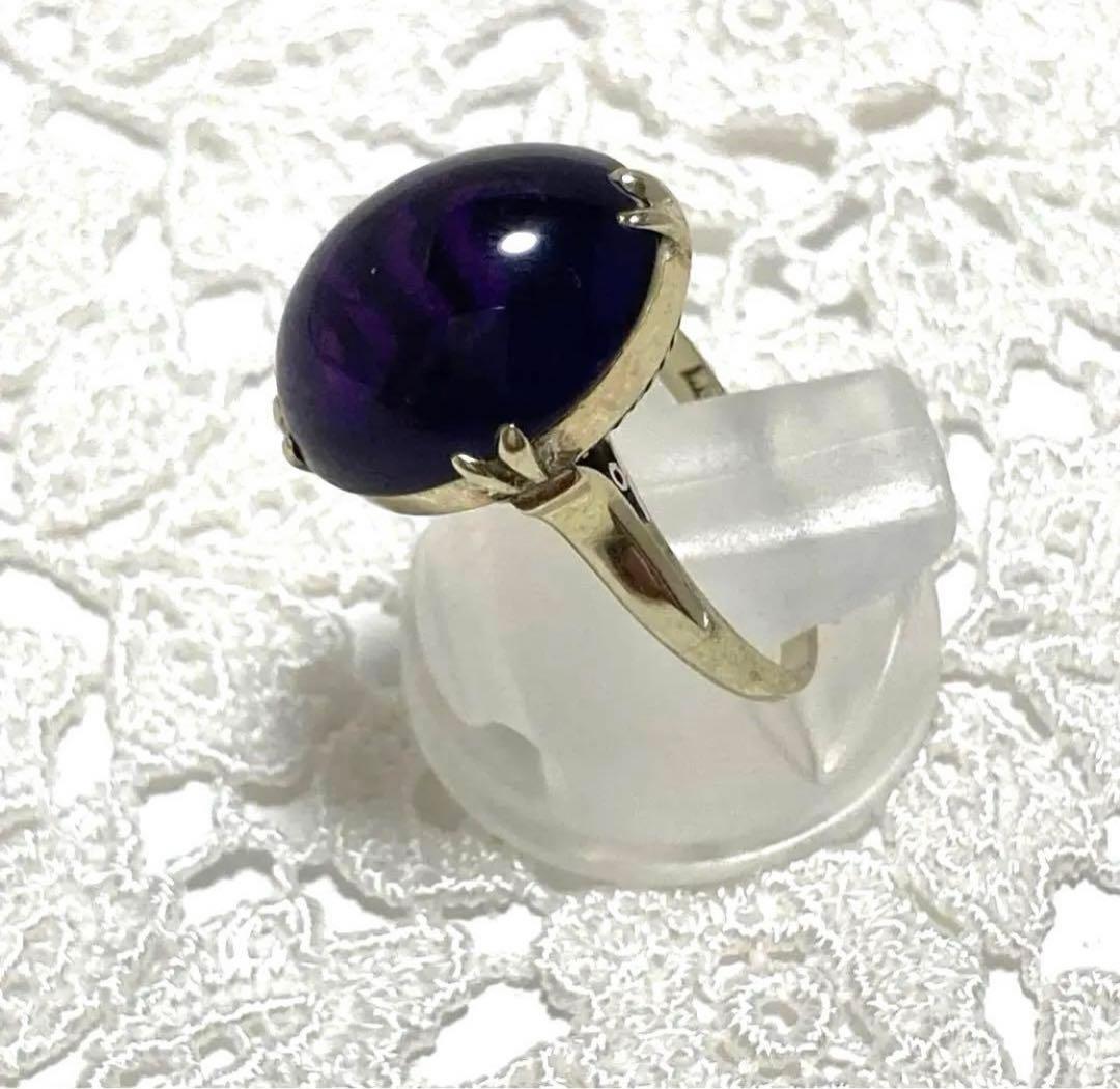 k14WG アメジストカボション リング 千本透かし レトロ