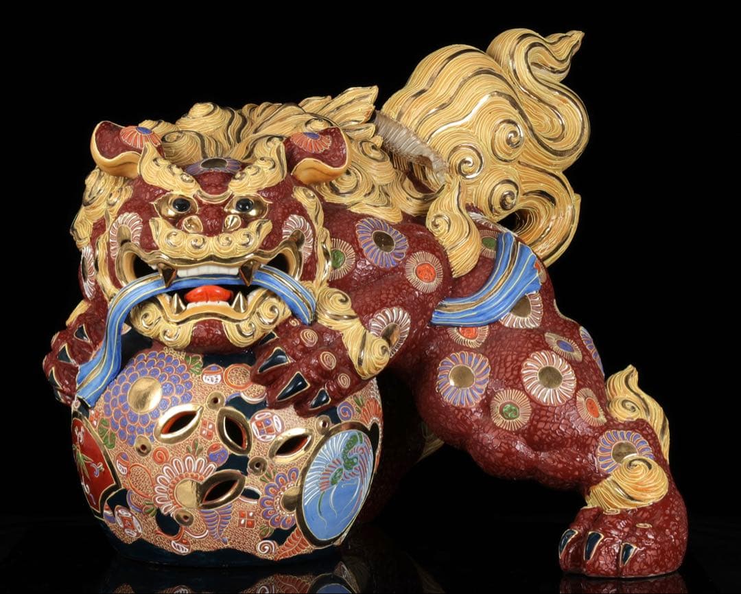 【特大九谷焼】玉乗獅子狛犬 九谷銘 金彩色絵 縁起物 開運 高さ48cm 蛇皮付