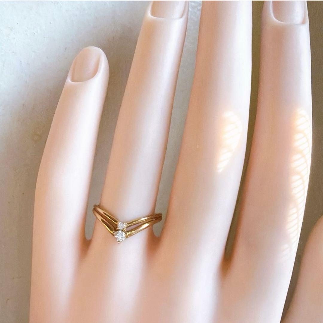 【1541】 K18 天然ダイヤモンド 2連 透かし V字 11.5〜12号