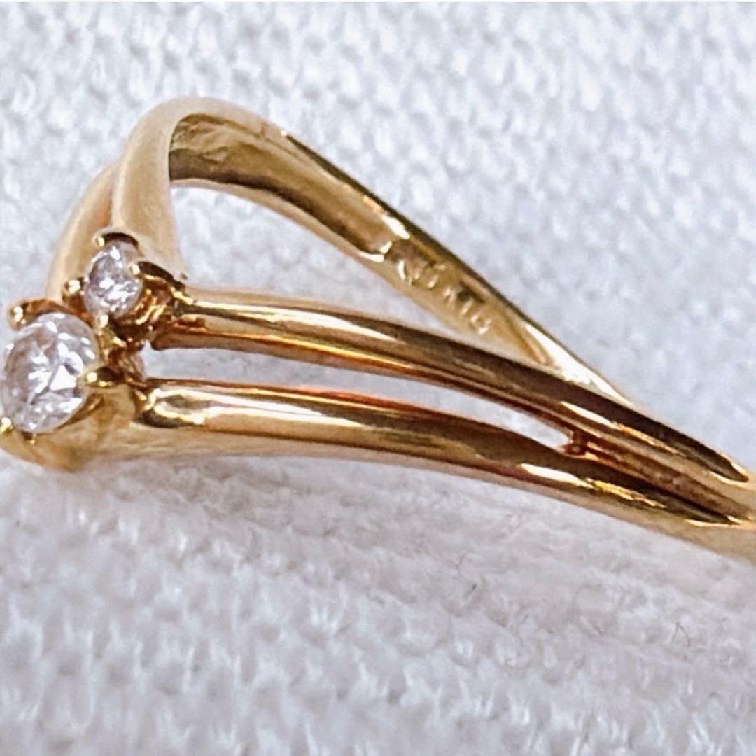 【1541】 K18 天然ダイヤモンド 2連 透かし V字 11.5〜12号