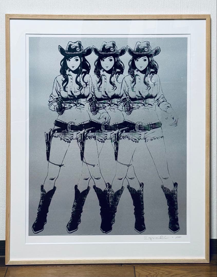 【額装済】【差し箱付】 江口寿史 版画 「Cowgirls」 サイン入り