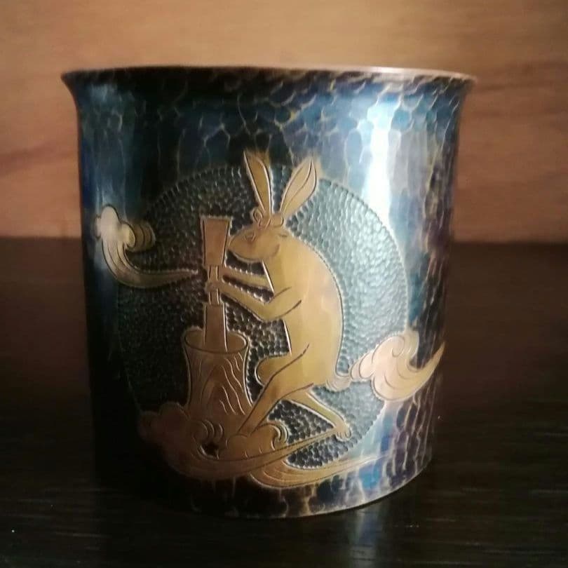 逸品　玉川堂　鎚起銅器　兎図紋　蓋物　小物入れ　煙草入れ　和骨董　アンティーク