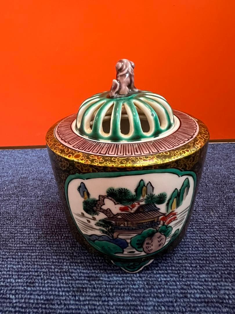 1213 九谷焼　花鳥風景文　香炉　古九谷　時代物