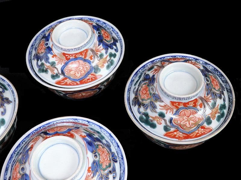 古伊万里　金襴手　窓絵　花鳥紋の図　蓋茶碗　５客　C884AS-CEv