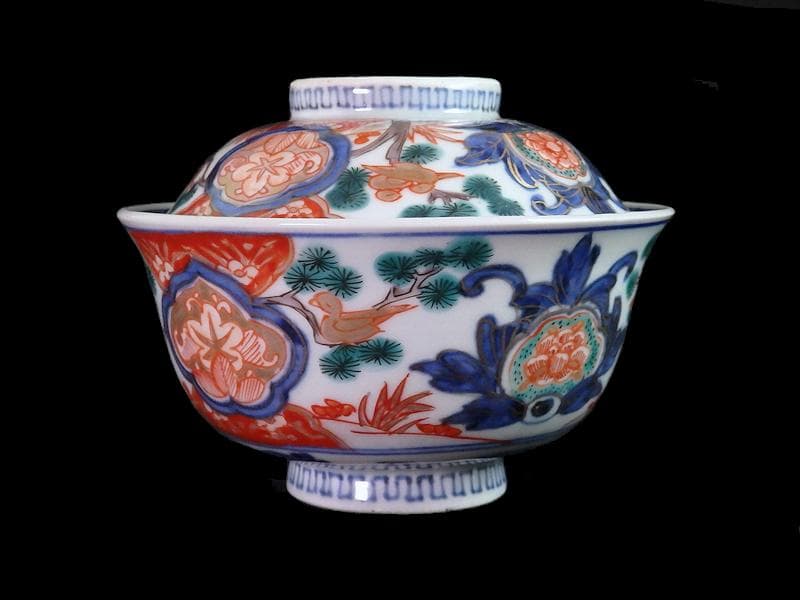 古伊万里　金襴手　窓絵　花鳥紋の図　蓋茶碗　５客　C884AS-CEv