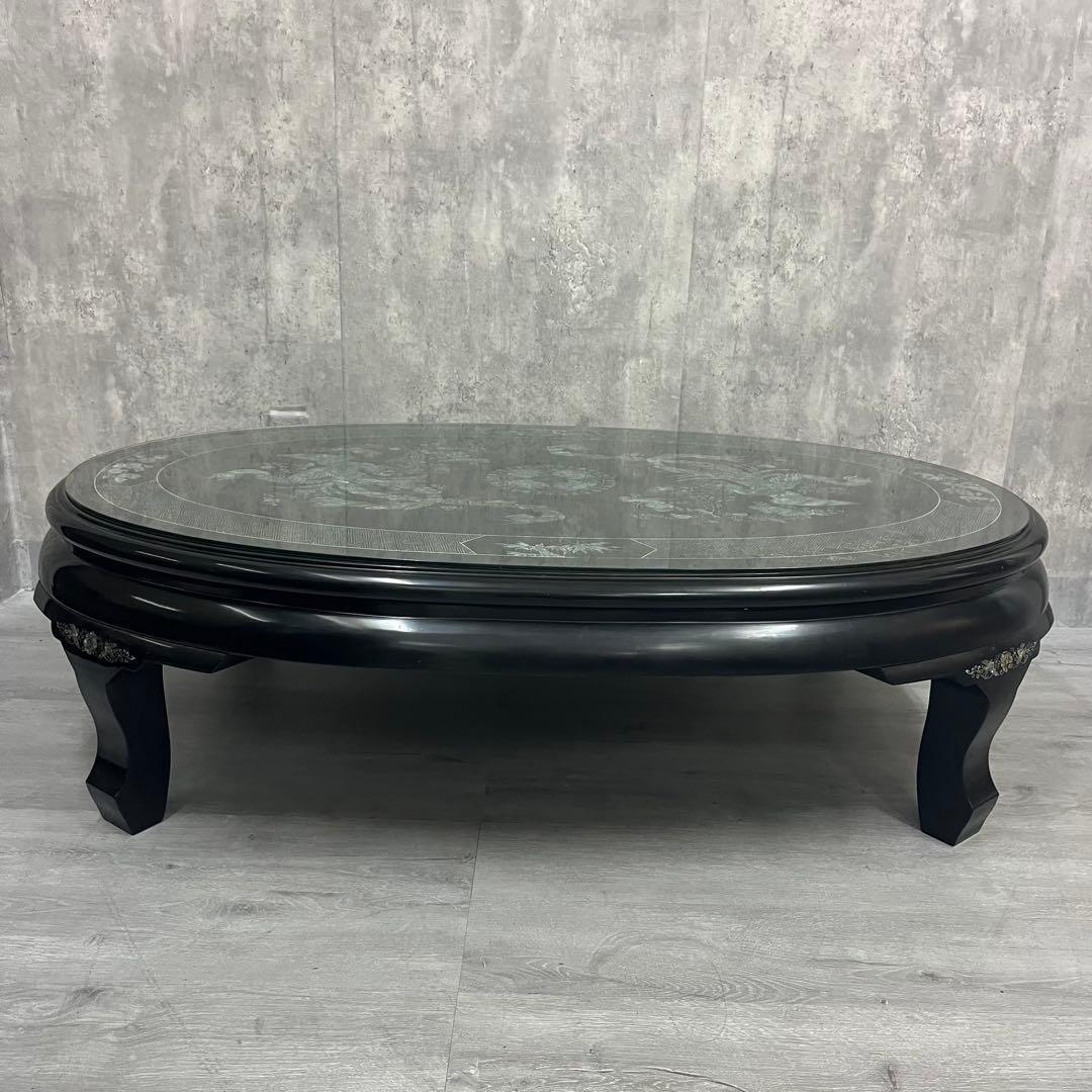 こうね　螺鈿細工 ガラス天板付き 座卓 テーブル 鳳凰 黒漆