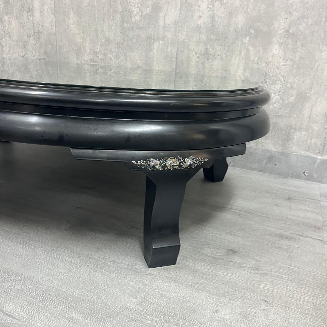 こうね　螺鈿細工 ガラス天板付き 座卓 テーブル 鳳凰 黒漆