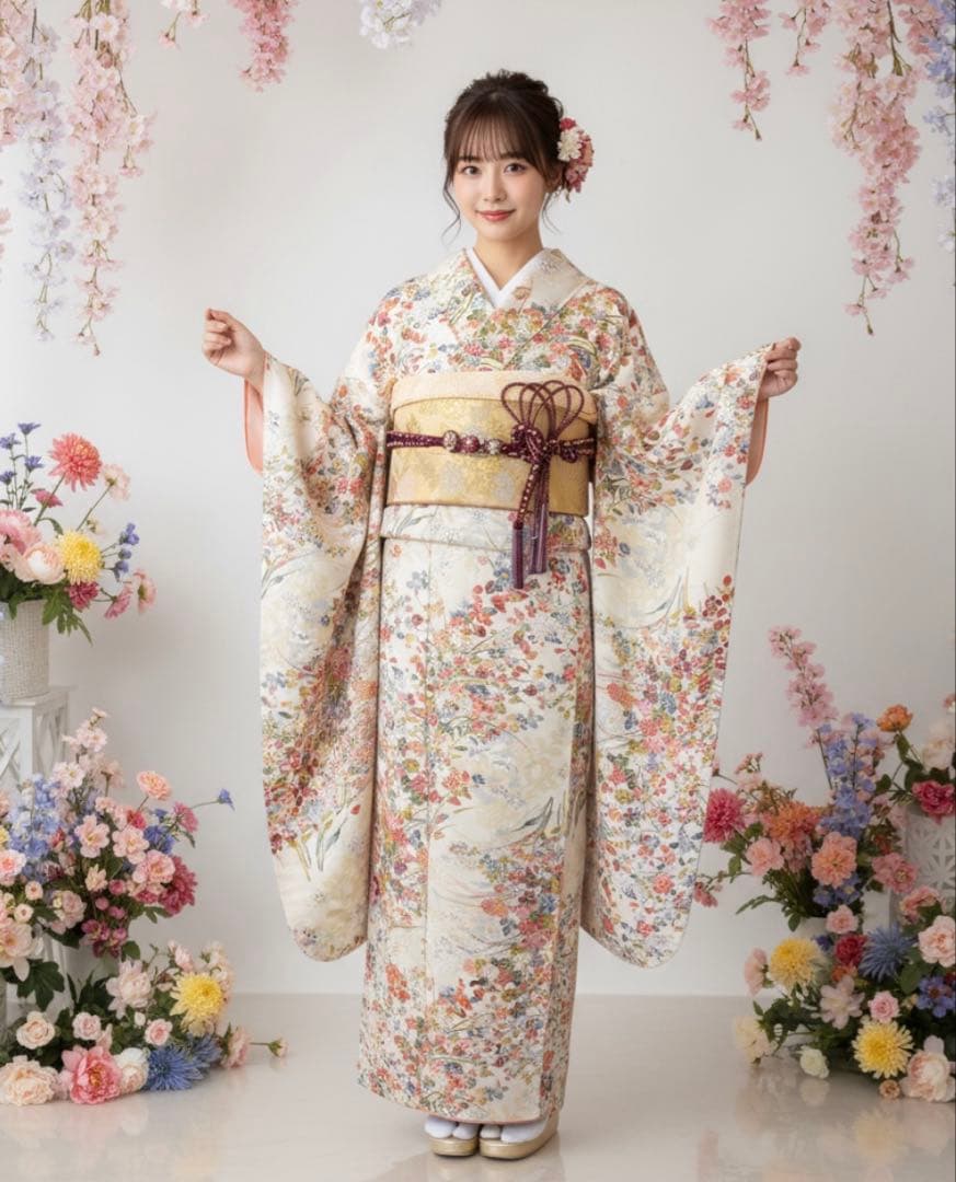新品　しつけ糸付き　正絹振袖フルセット　古典柄華やかな花柄振袖 成人式