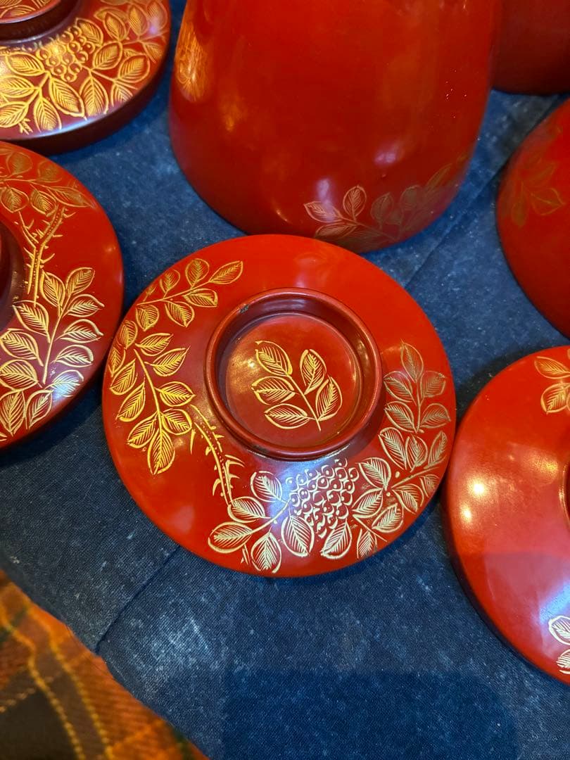 漆器　沈金　②吸物椀　荷物椀　5客　輪島塗　漆傷みなし 朱塗り　木製　小吸物