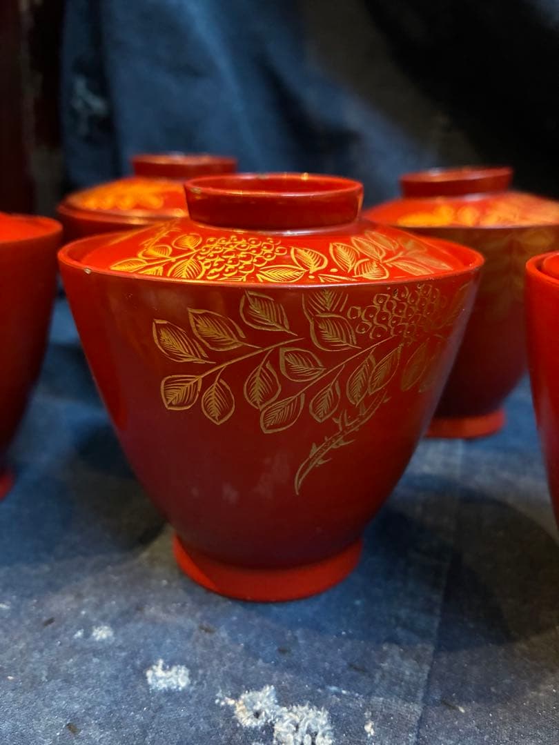 漆器　沈金　②吸物椀　荷物椀　5客　輪島塗　漆傷みなし 朱塗り　木製　小吸物