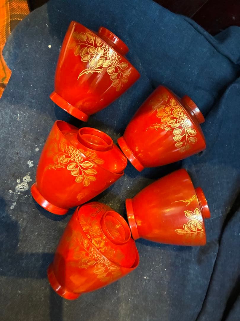 漆器　沈金　②吸物椀　荷物椀　5客　輪島塗　漆傷みなし 朱塗り　木製　小吸物