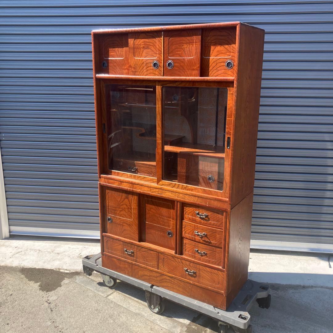 昭和レトロ 欅材 茶箪笥 ガラス扉 サイドボード 古家具 古民家 ビンテージ