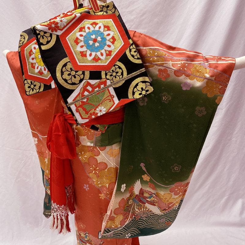 504ag79◎七五三 七歳 女児 着物&袋帯&長襦袢 鳳凰扇梅 金彩 刺繍◎