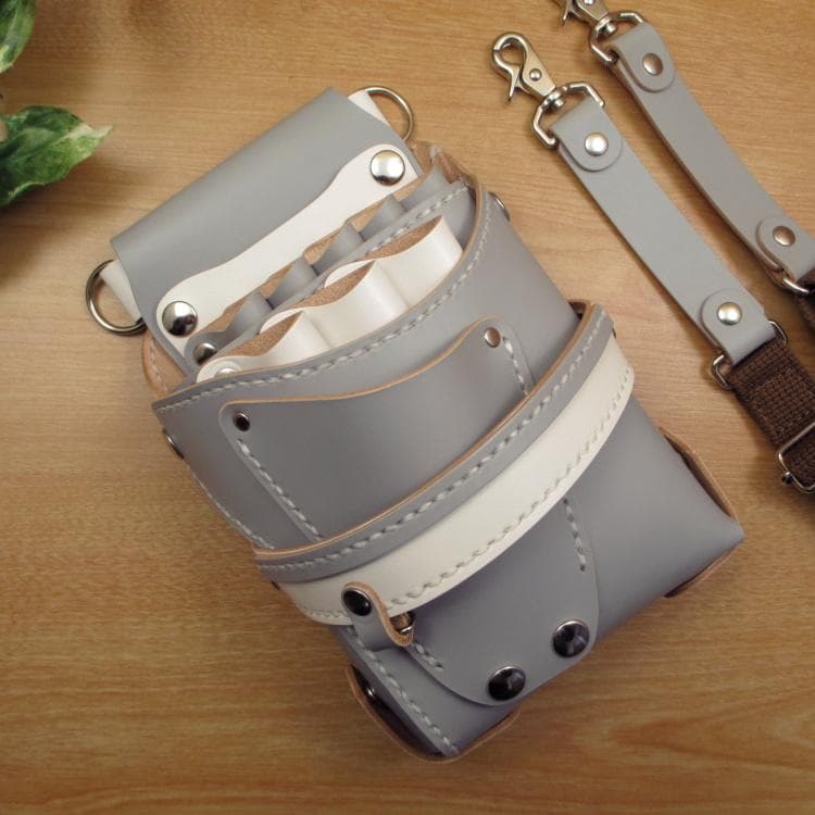 ライトグレー＆ホワイト　８丁差し　本革シザーケース　SCA-143/CHA
