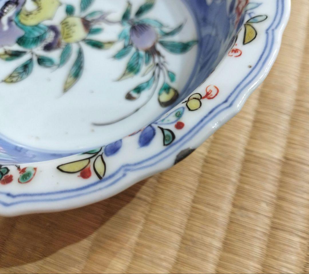 色絵古九谷　柘榴・梅・鳥・花文　小鉢　銀直し有