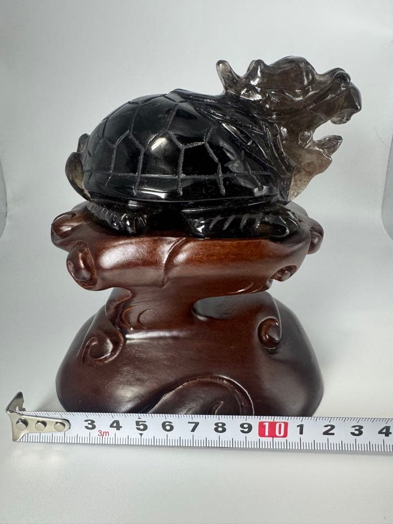 モリオン龍亀　天然石　置物　台座付き