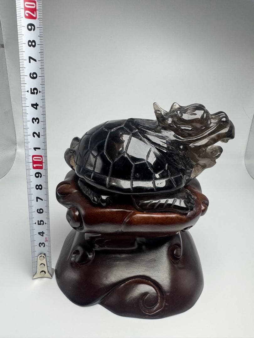 モリオン龍亀　天然石　置物　台座付き