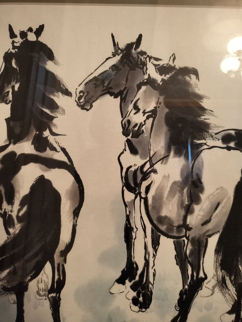 古美術品　徐悲鴻　中国絵画　中国美術　馬の図　水墨　印有　額入り