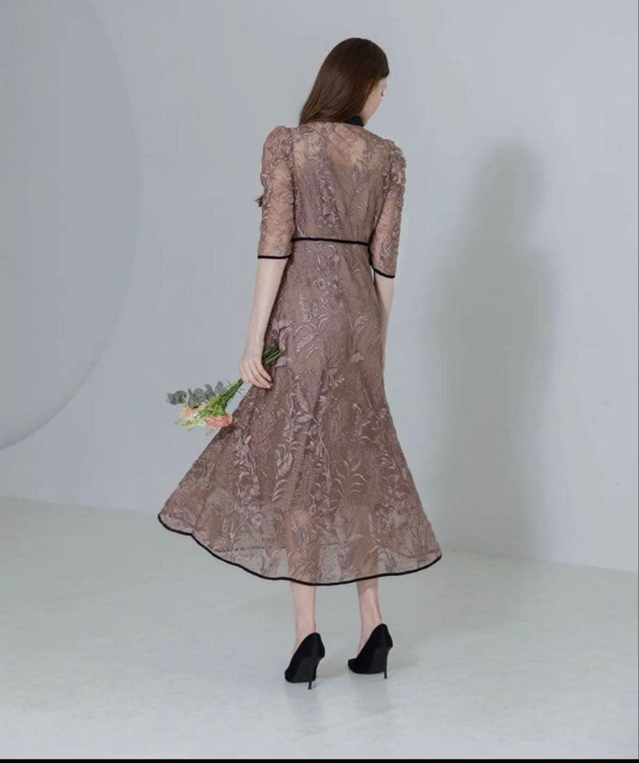 Leja 花柄チュールパフスリーブワンピースドレス　パープル