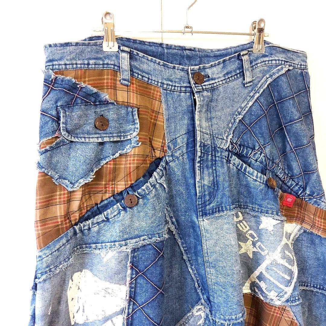 エルロデオ ELRODEO パッチワーク デニムダンガリー サルエルパンツ 青