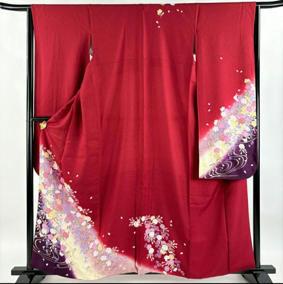 【美品】【振袖フルセット】枝垂れ桜 流水 金糸 金彩 赤