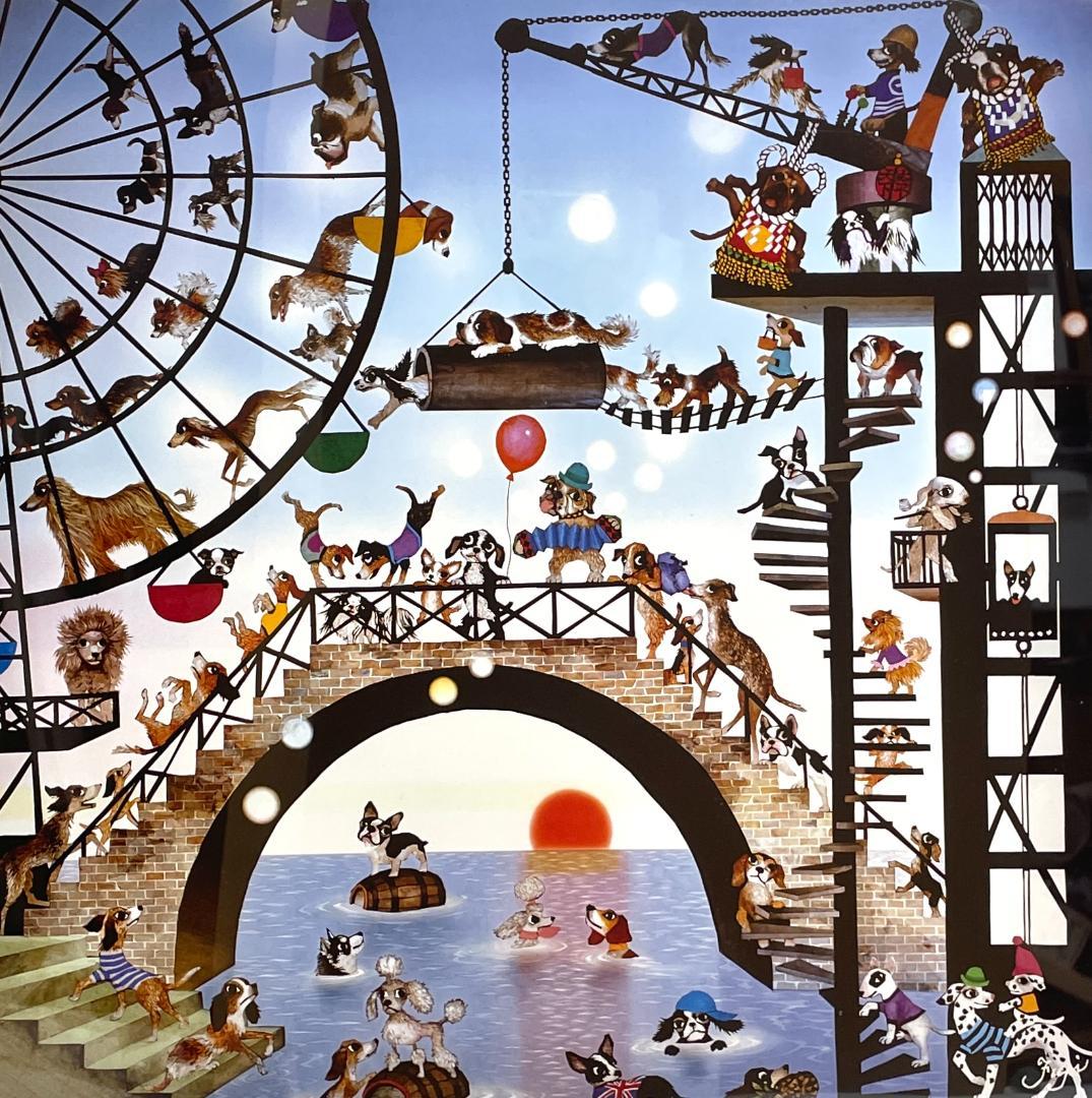 【新品】藤城清治「ワンワン共和国」ポスター 複製画　大サイズ額付　48×48cm