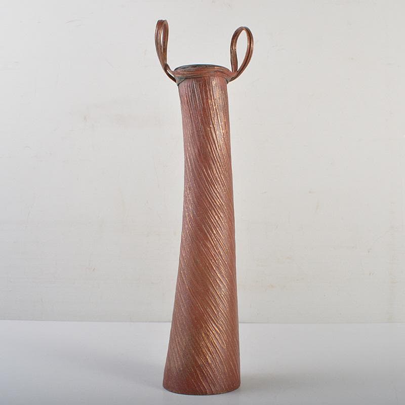 高岡銅器　須賀正紀造　蝋型鋳銅　素文耳付花生　花器　共布共箱　C　R7485