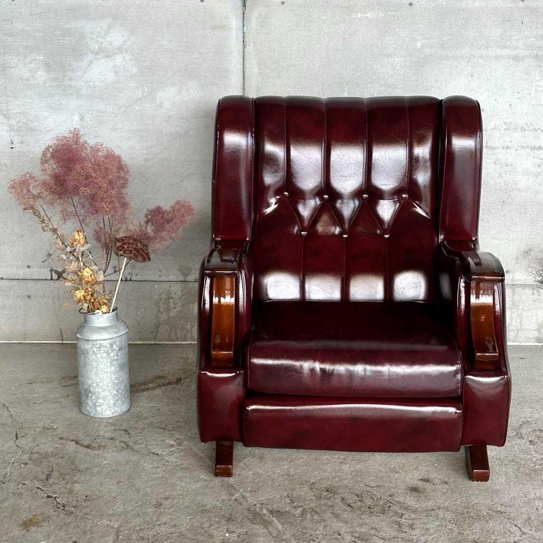 ヴィンテージ　80s〜90s ミッドセンチュリー調 ウイングバック合皮ソファー