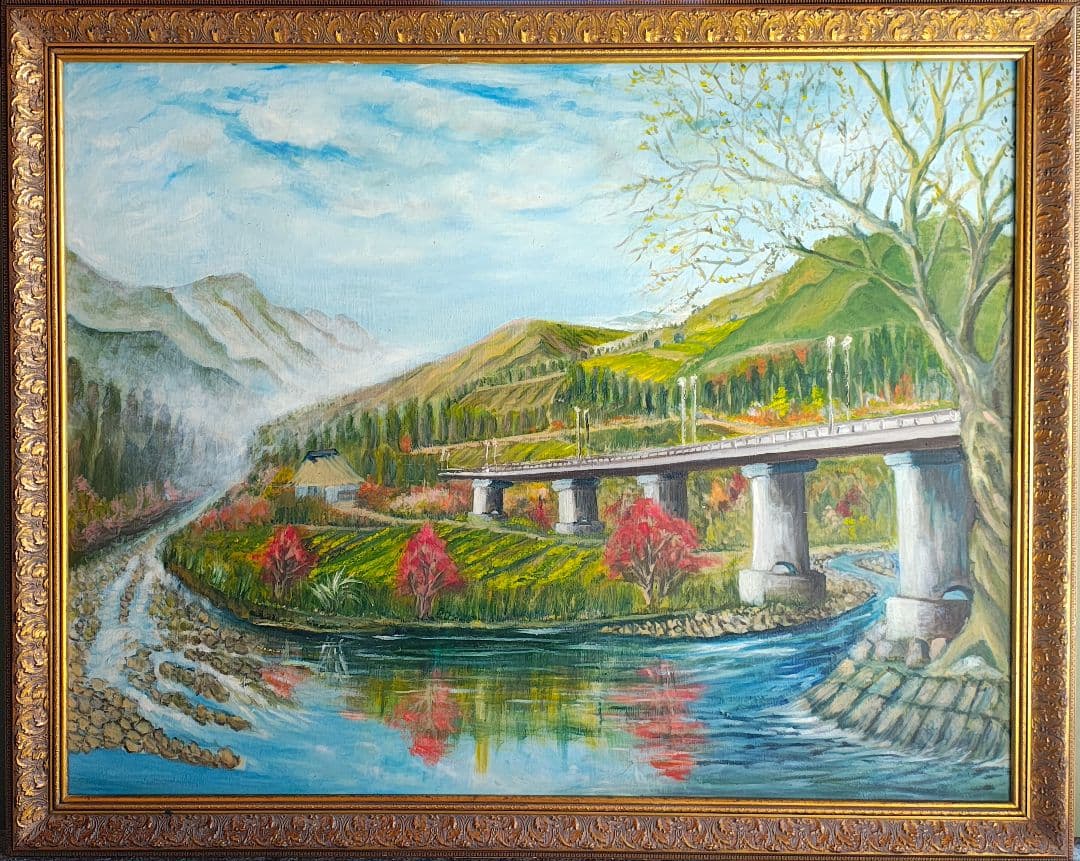 【送料込】F50号 大型 油彩仮額縁＆肉筆油彩画セット 南郷大橋 2006年制作