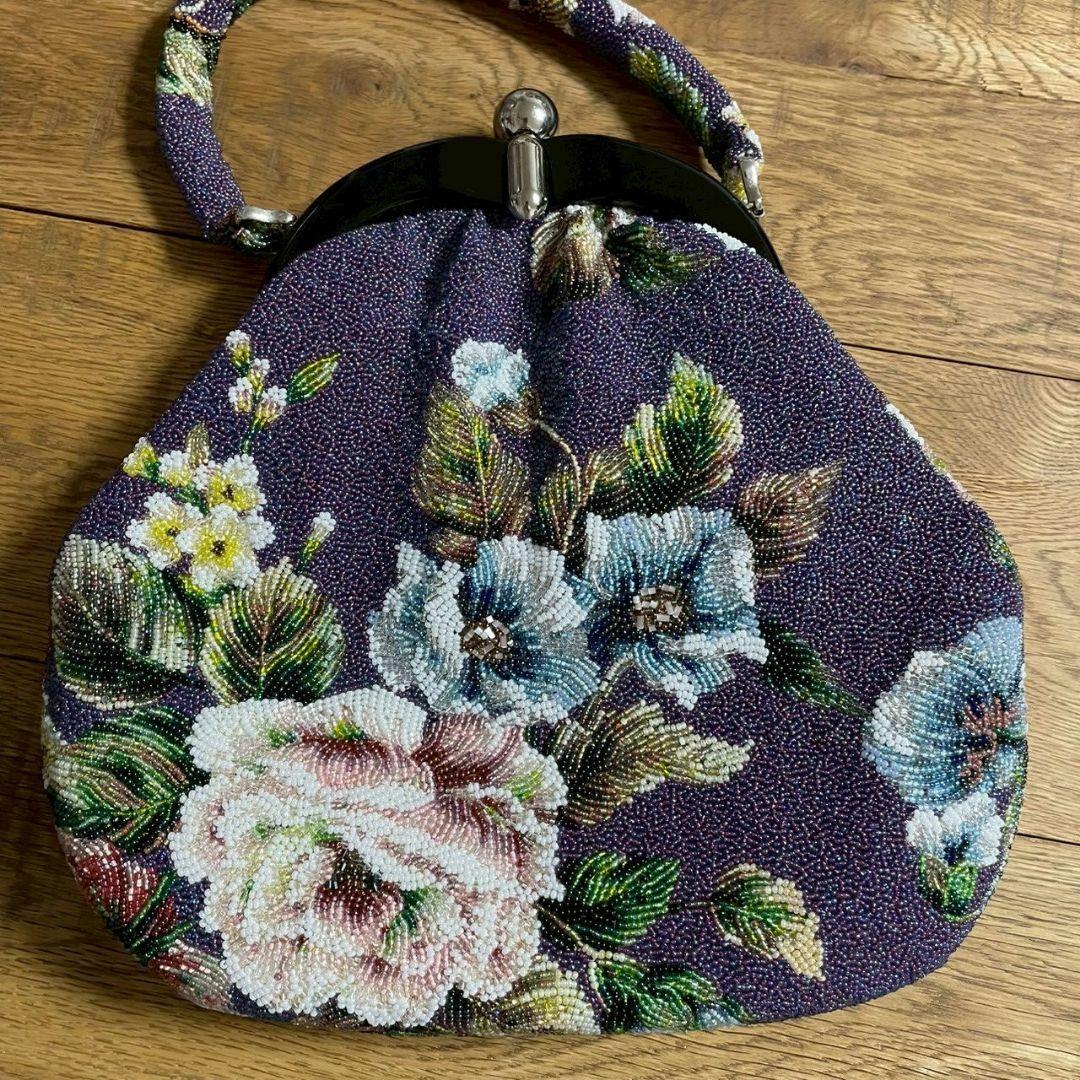 ビンテージ　ビーズバッグ　がま口　花柄　総柄　昭和レトロ　着物　和装