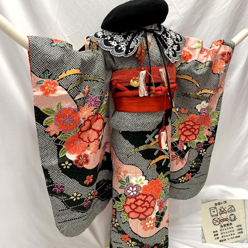 504ag9,帯揚げ帯締めしごき□七五三 七歳 女児 着物&袋帯 金彩 絞り風