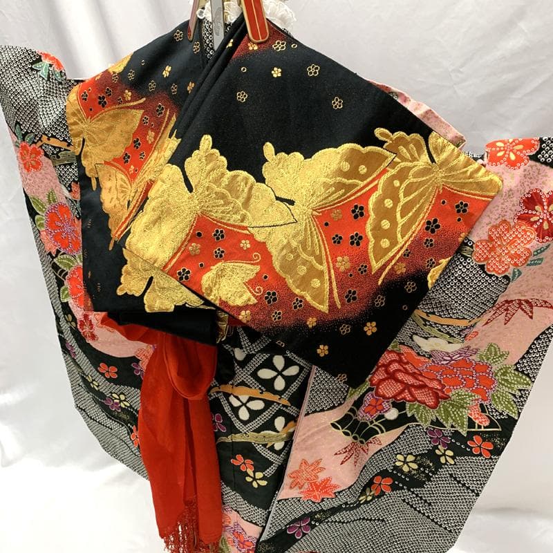 504ag9,帯揚げ帯締めしごき□七五三 七歳 女児 着物&袋帯 金彩 絞り風