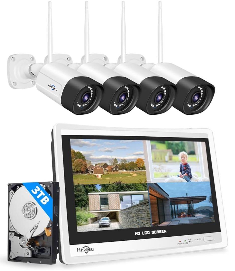 防犯カメラ ワイヤレスHiseeu 12インチ500万画素4台セット