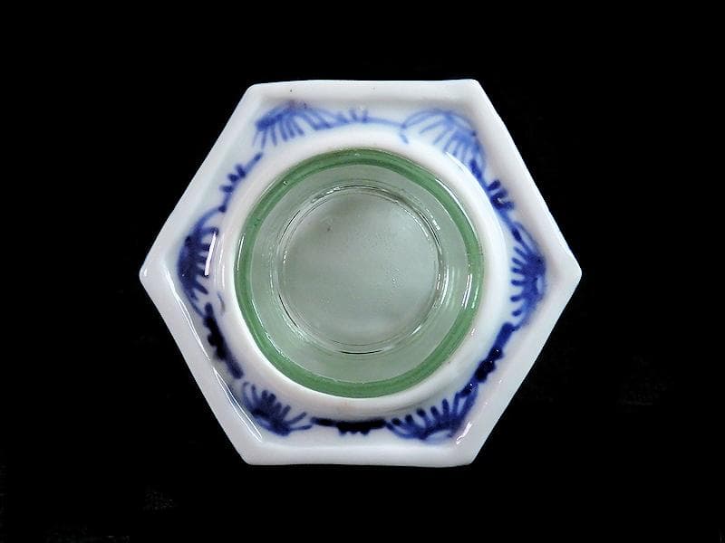 古伊万里　七宝紋透かし　六角大振盃台　ウランガラス付き　E473AS-fblk