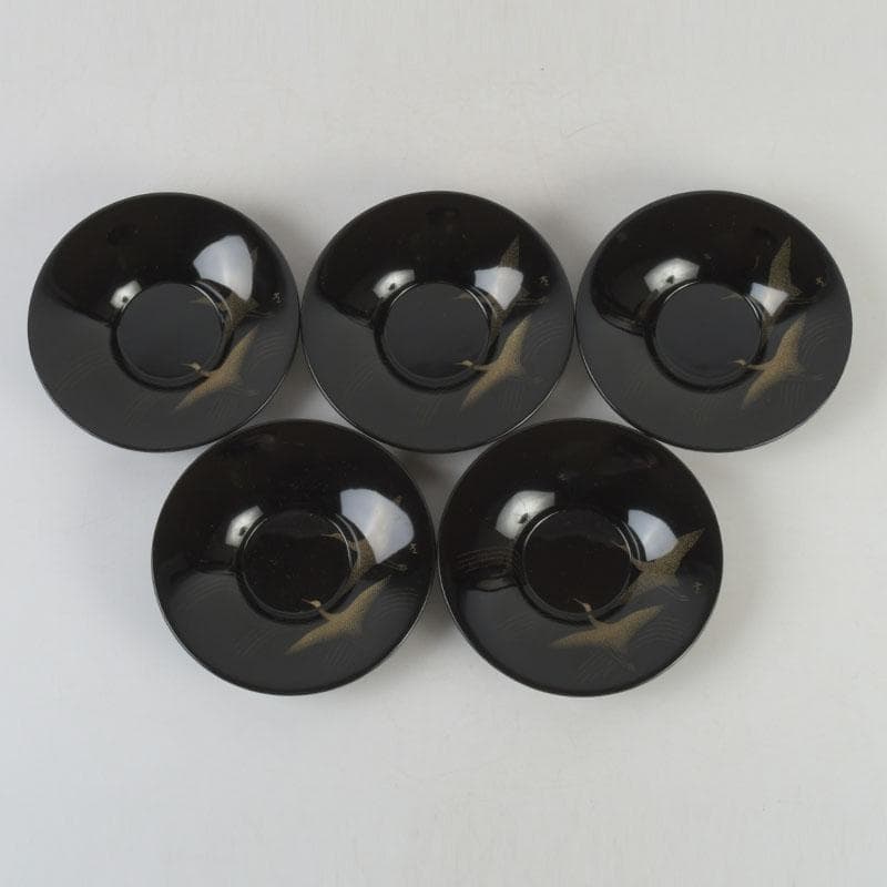 和食器　輪島塗　文化功労者　三谷吾一作　千羽鶴沈金　茶托　五客　共箱　V9771