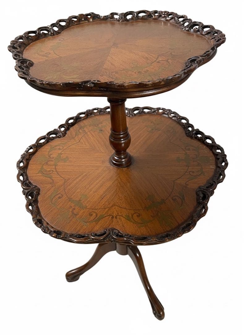 イギリスアンティーク　２段テーブル　 マホガニー象嵌装飾　透かし彫り