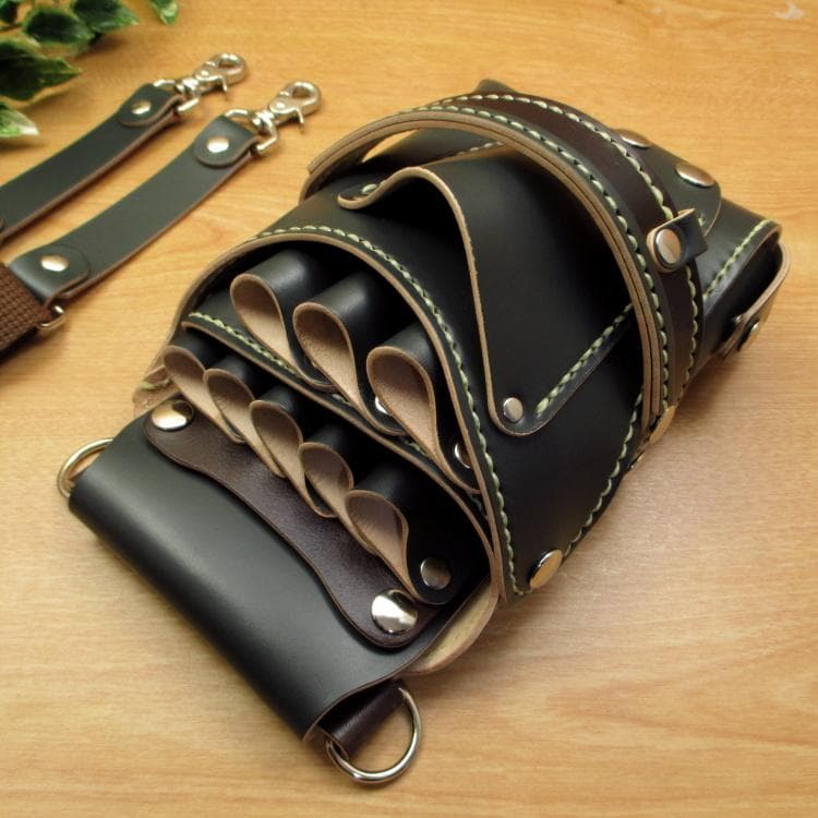 ダークグリーン＆焦げ茶　８丁差し　本革シザーケース　SCA-143/CGA