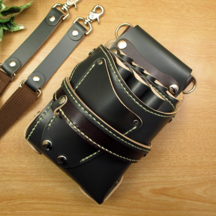 ダークグリーン＆焦げ茶　８丁差し　本革シザーケース　SCA-143/CGA