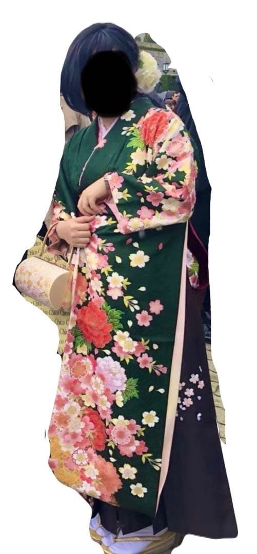★今週中価格★【卒業式/土屋太鳳着用】正絹振袖フルセット　深緑花柄ジョイフル恵利