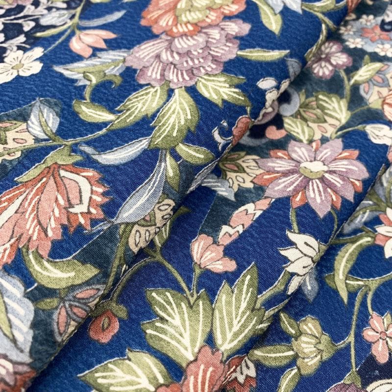 511mk87☆洗える着物！小紋 更紗風 唐花 唐草 青×ピンク☆美品