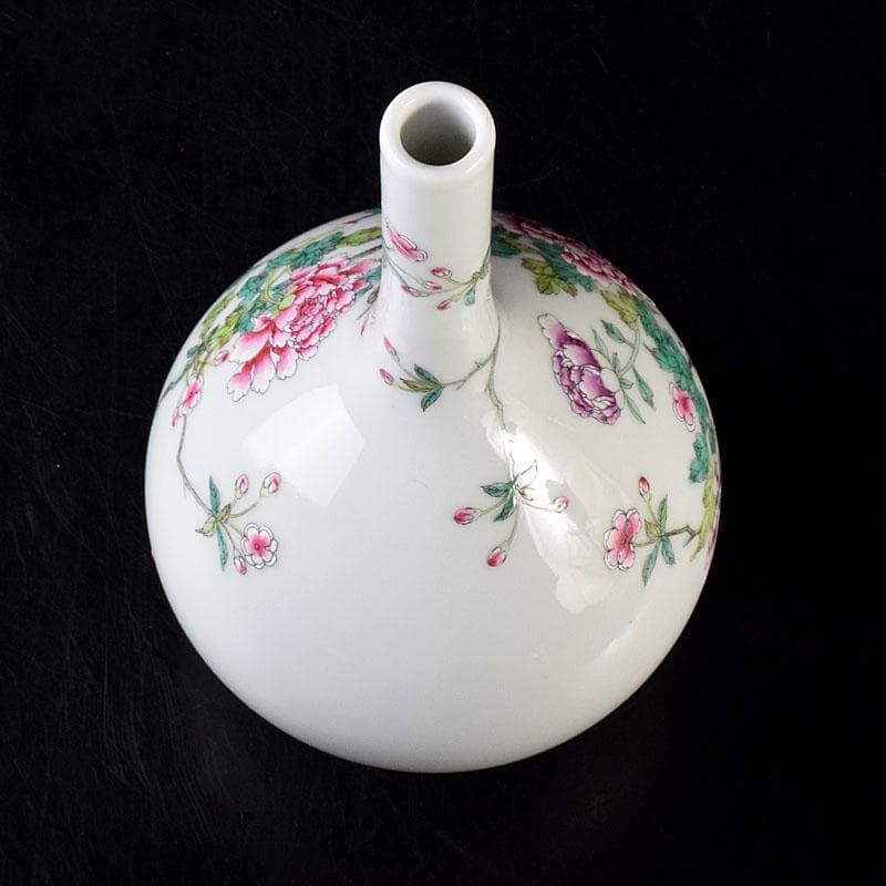 中国　大清乾隆年製　粉彩　牡丹文　長頸瓶　一輪挿し　M　8018E